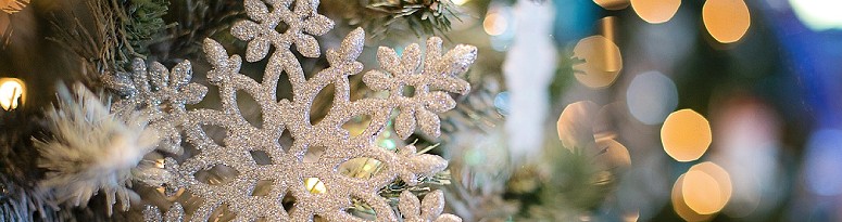 A close-up of a sparkling snowflake ornament with blurred holiday lights in the background.